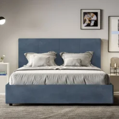 Letto 140x190cm alla francese con giroletto in microfibra blu LIT289