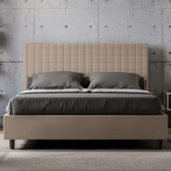 Letto 140x190cm alla francese con testiera a quadretti in similpelle tortora LIT305