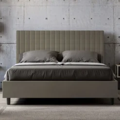 Letto 140x190cm alla francese con testiera a quadretti in similpelle cappuccino LIT305