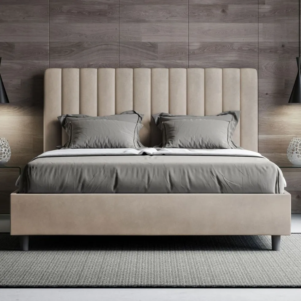 Letto 140x210cm alla francese con testiera trapuntata in microfibra sabbia beige LIT333