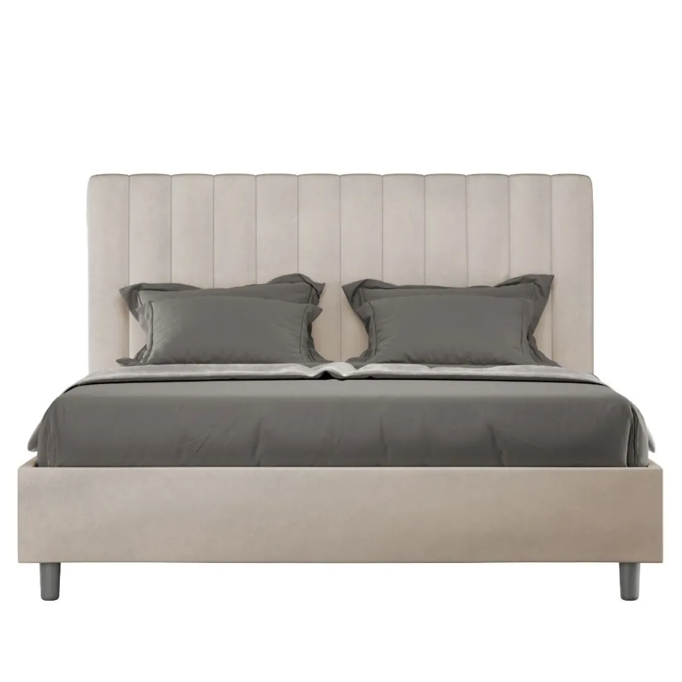 Letto 140x210cm alla francese con testiera trapuntata in microfibra sabbia beige LIT333