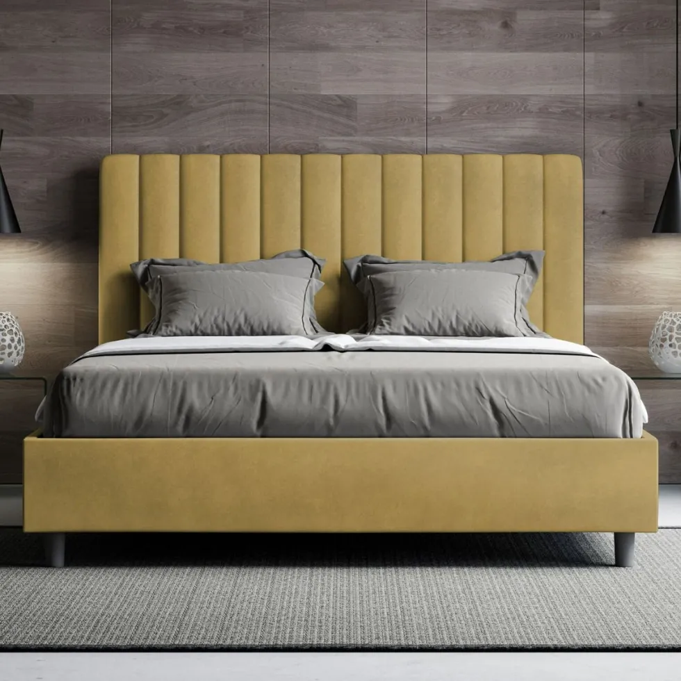 Letto 140x210cm alla francese con testiera trapuntata in microfibra ocra LIT333