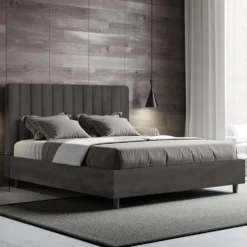 Letto 140x210cm alla francese con testiera trapuntata in microfibra grigio LIT333