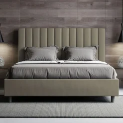 Letto 140x210cm alla francese con testiera trapuntata in similpelle cappuccino LIT331