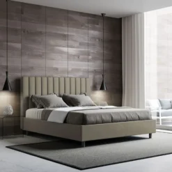 Letto 140x210cm alla francese con testiera trapuntata in similpelle cappuccino LIT331