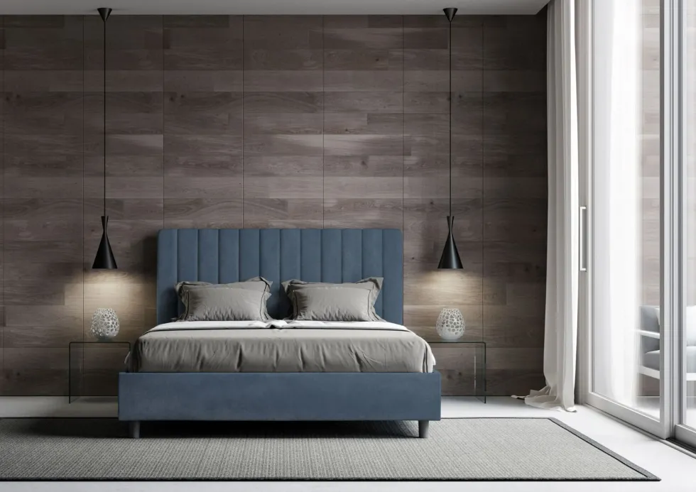 Letto 140x200cm alla francese con testiera trapuntata in microfibra blu LIT329