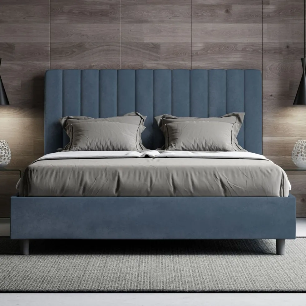 Letto 140x200cm alla francese con testiera trapuntata in microfibra blu LIT329
