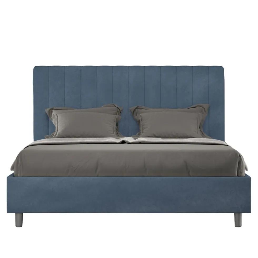 Letto 140x200cm alla francese con testiera trapuntata in microfibra blu LIT329