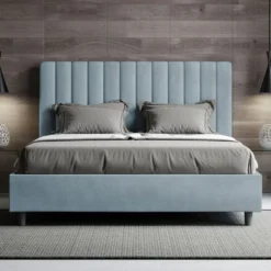 Letto 140x200cm alla francese con testiera trapuntata in microfibra azzurro LIT329