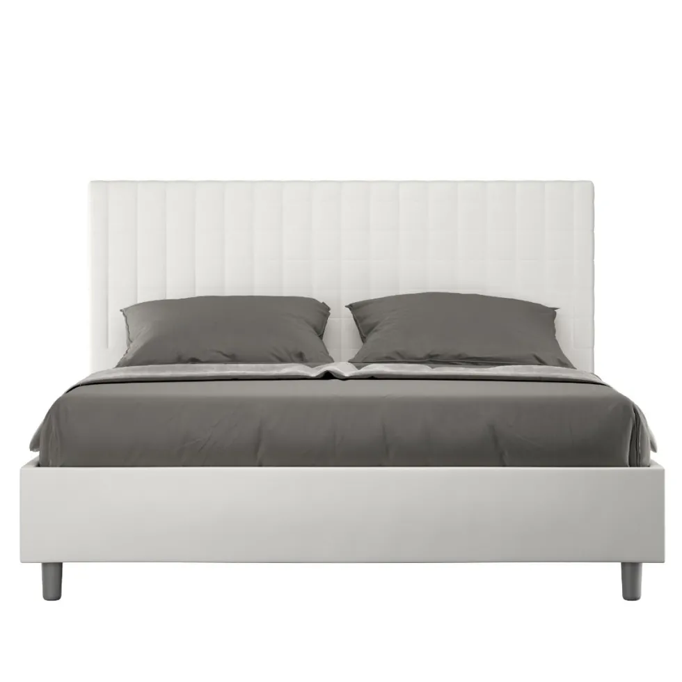Letto 140x210cm alla francese con testiera a quadretti in similpelle bianco LIT309