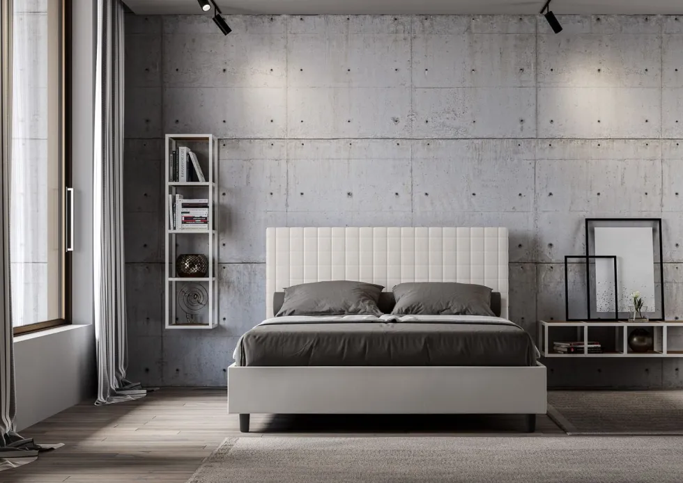 Letto 140x210cm alla francese con testiera a quadretti in similpelle bianco LIT309