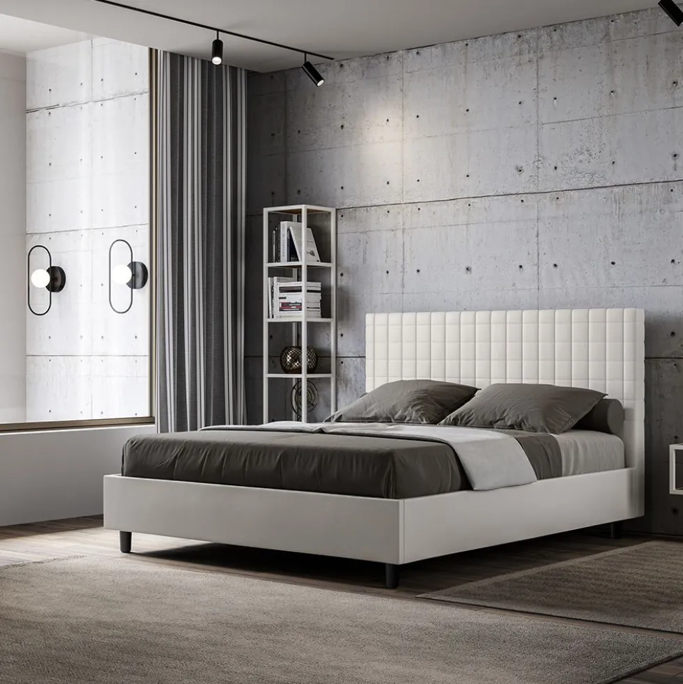 Letto 140x210cm alla francese con testiera a quadretti in similpelle bianco LIT309