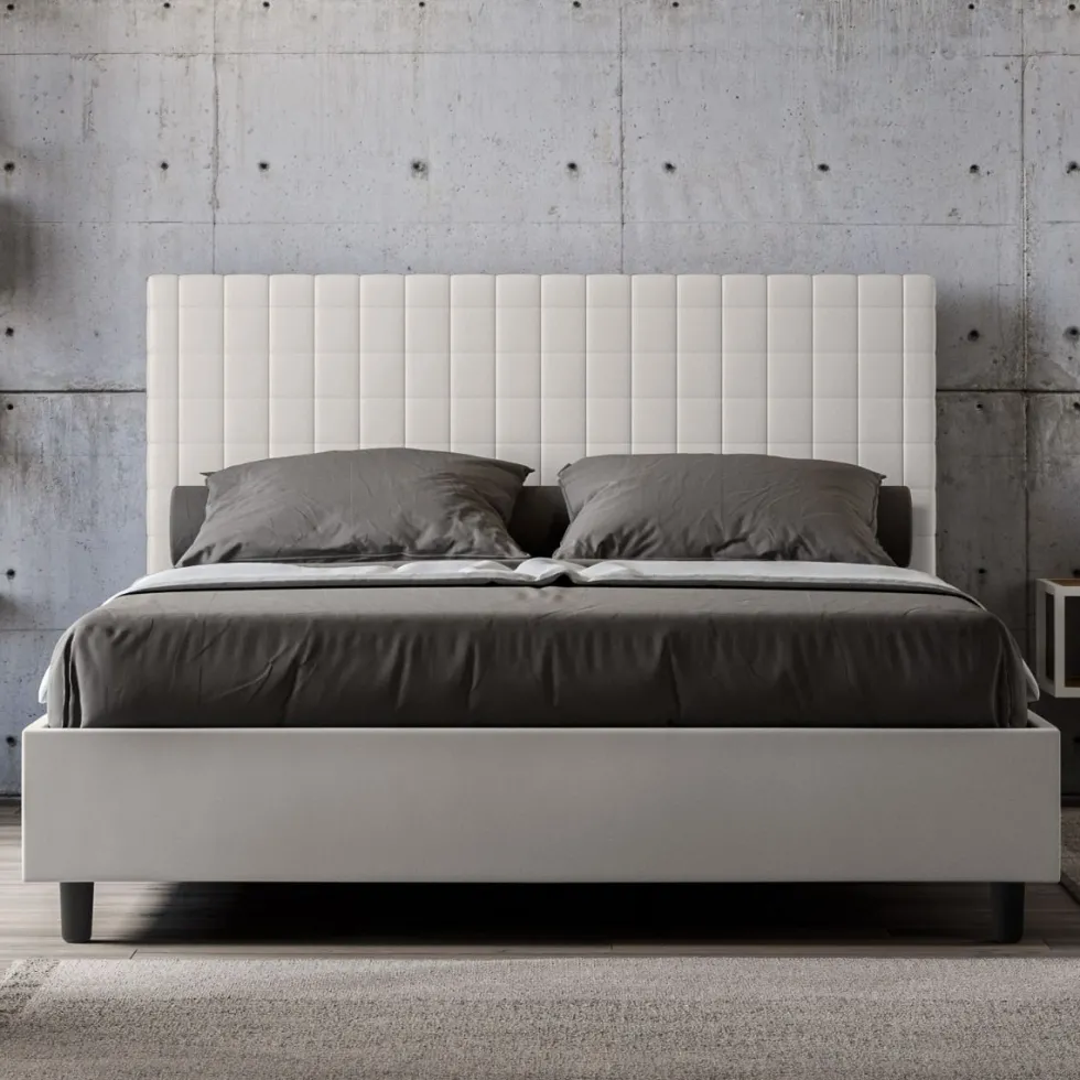 Letto 140x210cm alla francese con testiera a quadretti in similpelle bianco LIT309
