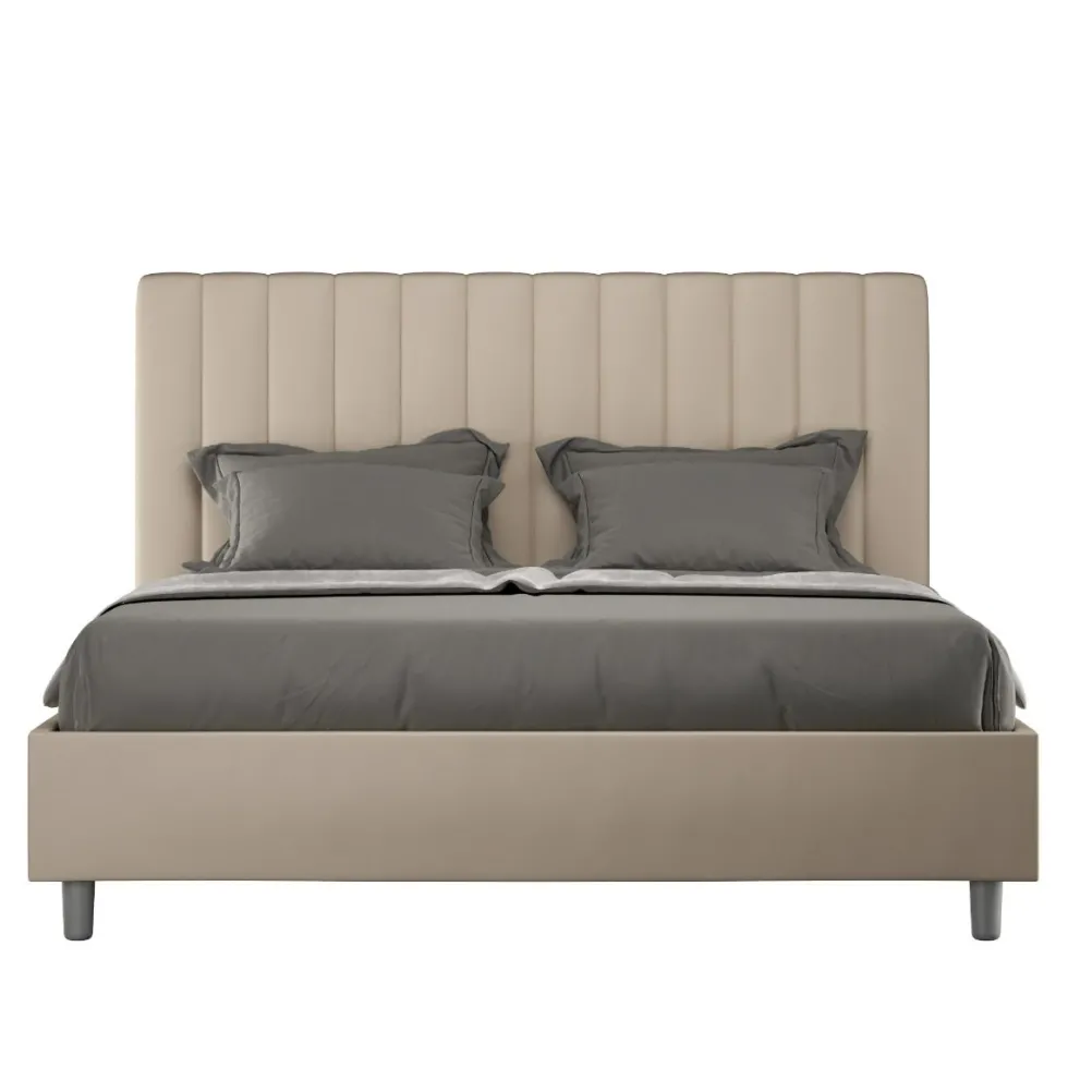 Letto 140x190cm alla francese con testiera trapuntata in similpelle tortora LIT323
