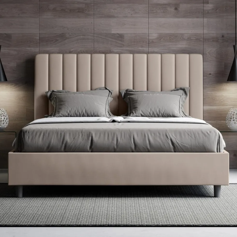 Letto 140x190cm alla francese con testiera trapuntata in similpelle tortora LIT323