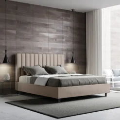 Letto 140x190cm alla francese con testiera trapuntata in similpelle tortora LIT323