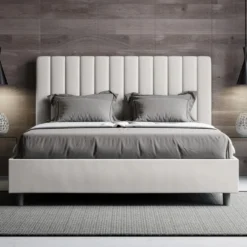 Letto 140x190cm alla francese con testiera trapuntata in similpelle bianco LIT323