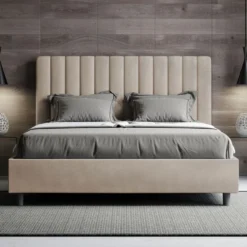 Letto 140x190cm alla francese con testiera trapuntata in microfibra sabbia beige LIT325
