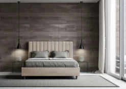 Letto 140x190cm alla francese con testiera trapuntata in microfibra sabbia beige LIT325
