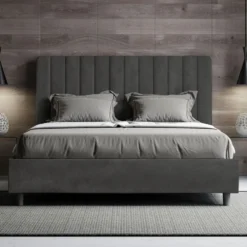 Letto 140x190cm alla francese con testiera trapuntata in microfibra grigio LIT325