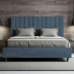 Letto 140x190cm alla francese con testiera trapuntata in microfibra blu LIT325