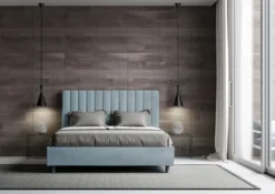 Letto 140x190cm alla francese con testiera trapuntata in microfibra azzurro LIT325