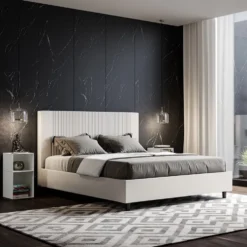 Letto 140x200cm alla francese con testiera a linee verticali bianco LIT319