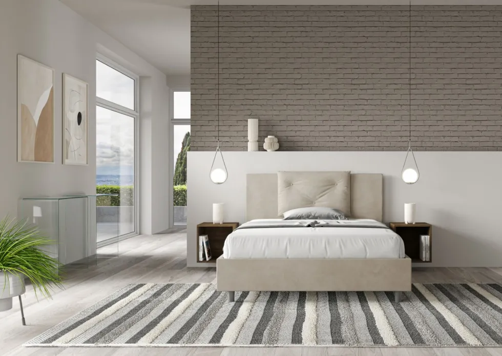 Letto 140x210cm alla francese con tre bottoni in microfibra sabbia beige LIT285