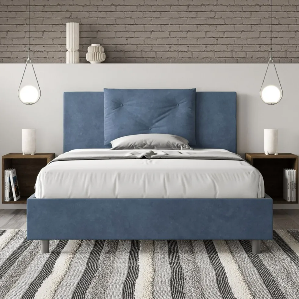 Letto 140x210cm alla francese con tre bottoni in microfibra blu LIT285