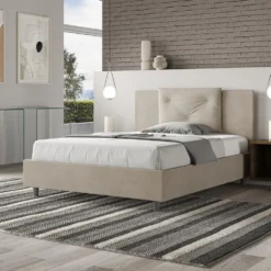 Letto 140x190cm alla francese con tre bottoni in microfibra sabbia beige LIT281
