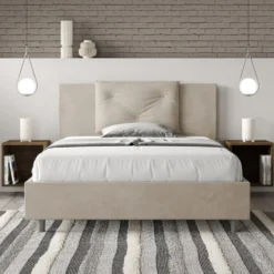 Letto 140x190cm alla francese con tre bottoni in microfibra sabbia beige LIT281