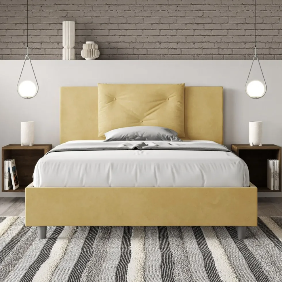 Letto 140x190cm alla francese con tre bottoni in microfibra ocra LIT281