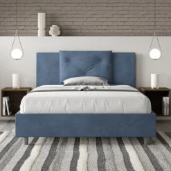Letto 140x190cm alla francese con tre bottoni in microfibra blu LIT281