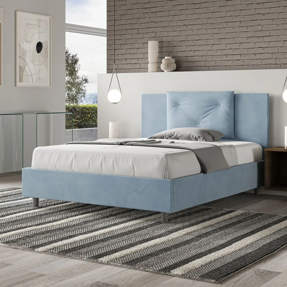 Letto 140x200cm alla francese con tre bottoni in microfibra azzurro LIT283