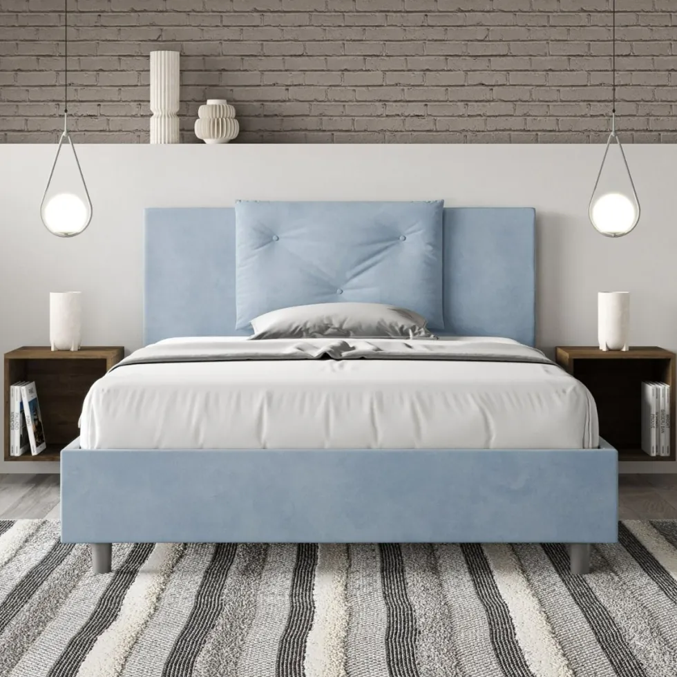 Letto 140x200cm alla francese con tre bottoni in microfibra azzurro LIT283