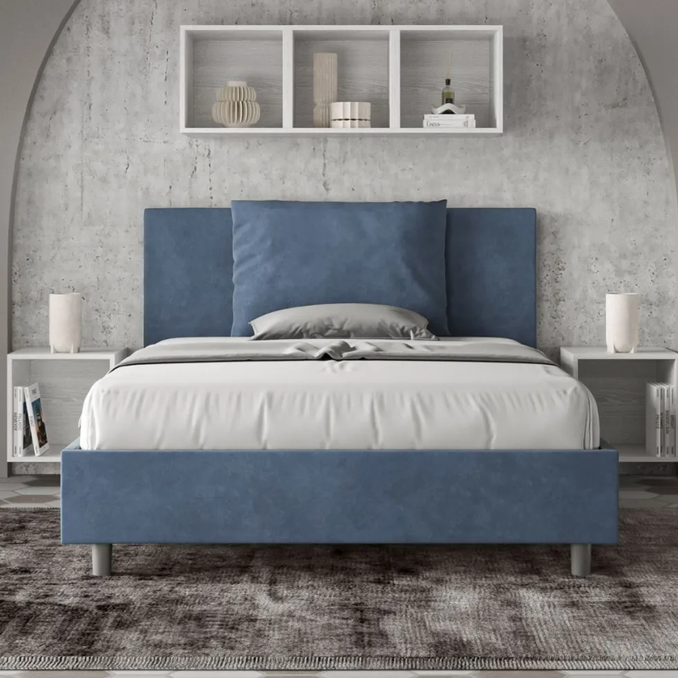 Letto 140x210cm alla francese giroletto imbottito in microfibra blu LIT279