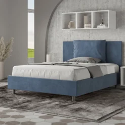 Letto 140x190cm alla francese giroletto imbottito in microfibra blu LIT275