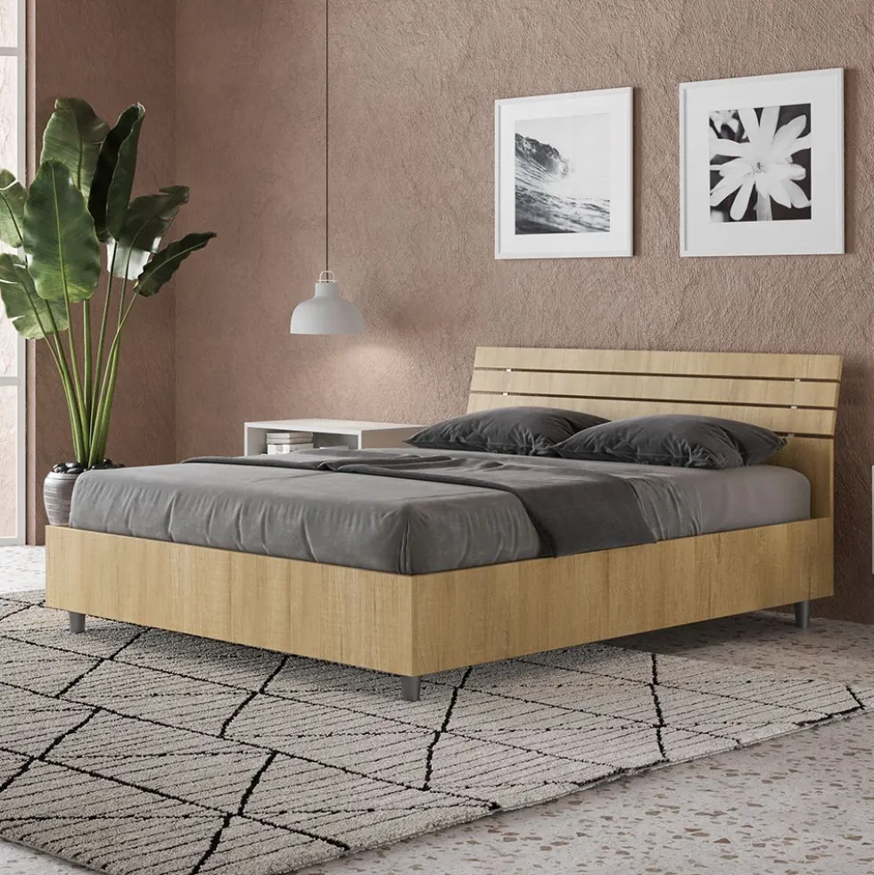 Letto 140x200cm alla francese testata inclinata effetto legno quercia LIT353
