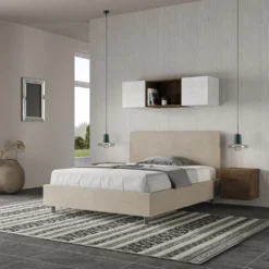 Letto 140x210cm alla francese testiera liscia in microfibra sabbia beige LIT273