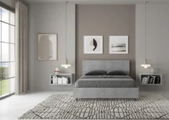 Letto 140x200cm alla francese testiera dritta effetto legno cemento LIT341