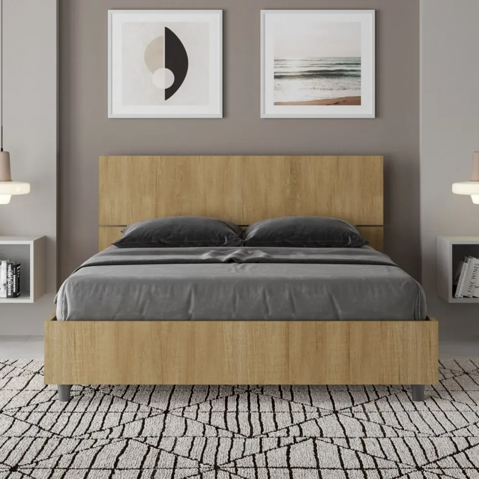 Letto 140x190cm alla francese testiera inclinata effetto legno quercia LIT343