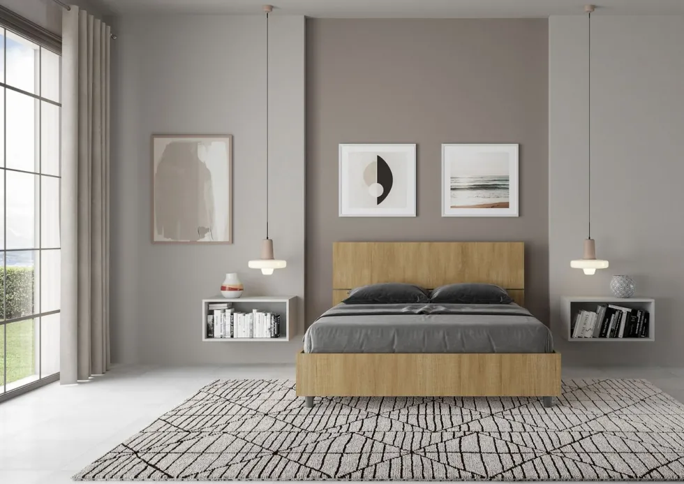 Letto 140x190cm alla francese testiera inclinata effetto legno quercia LIT343
