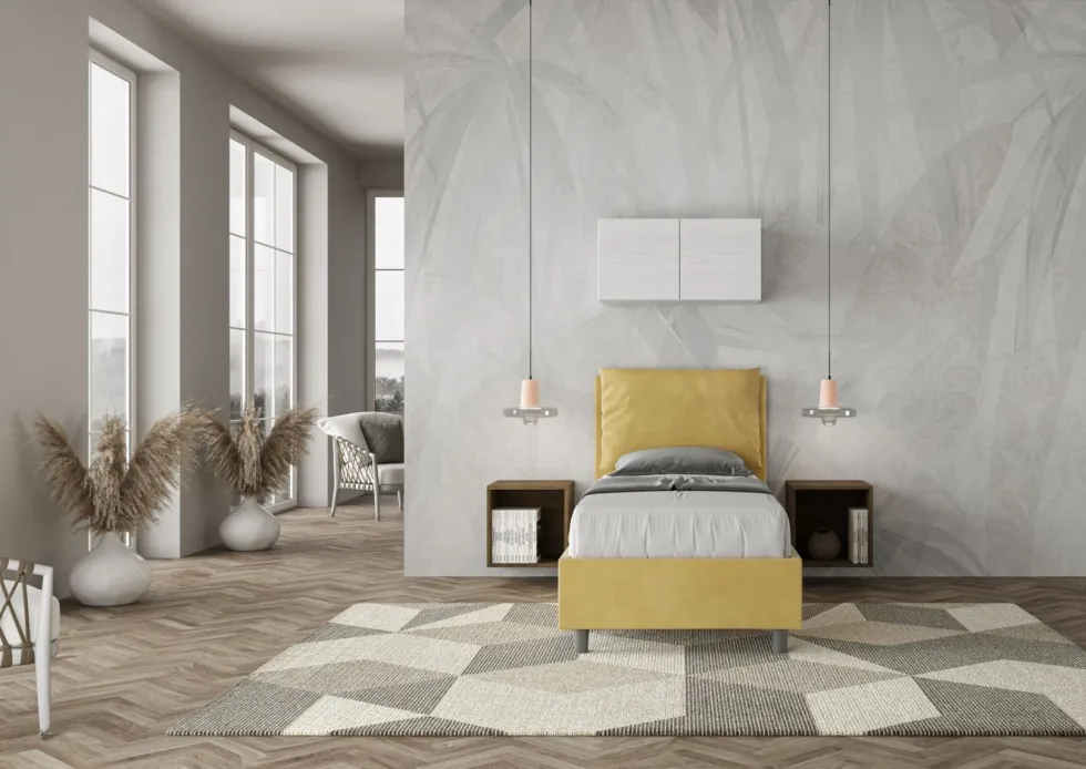Letto 90x210cm a una piazza con cuscino imbottito in microfibra ocra LIT109