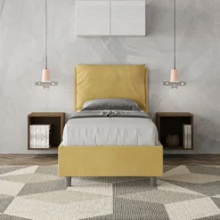 Letto 90x210cm a una piazza con cuscino imbottito in microfibra ocra LIT109