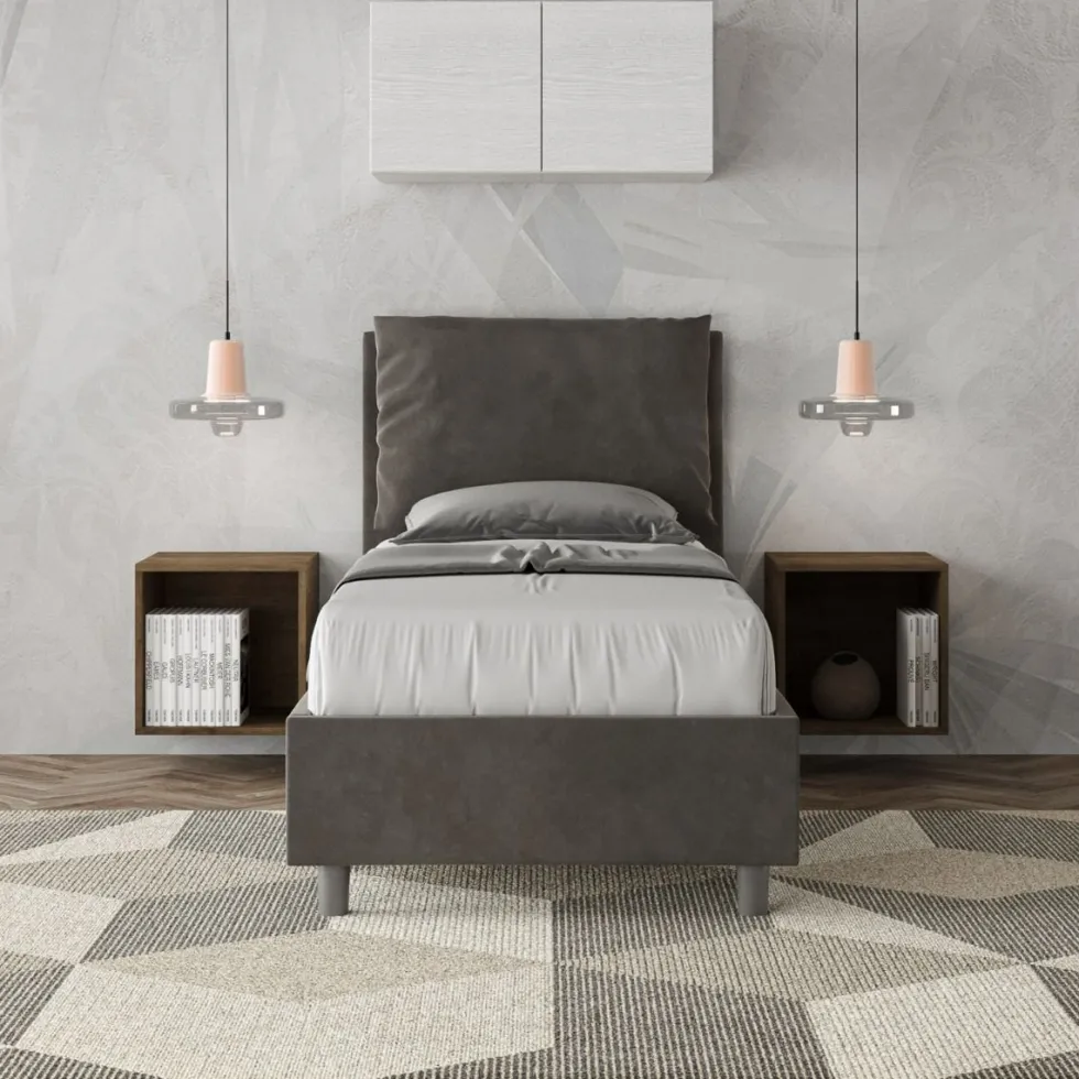 Letto 90x210cm a una piazza con cuscino imbottito in microfibra grigio LIT109