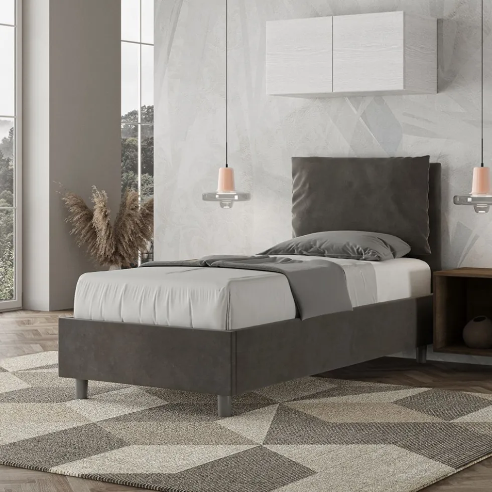 Letto 90x210cm a una piazza con cuscino imbottito in microfibra grigio LIT109