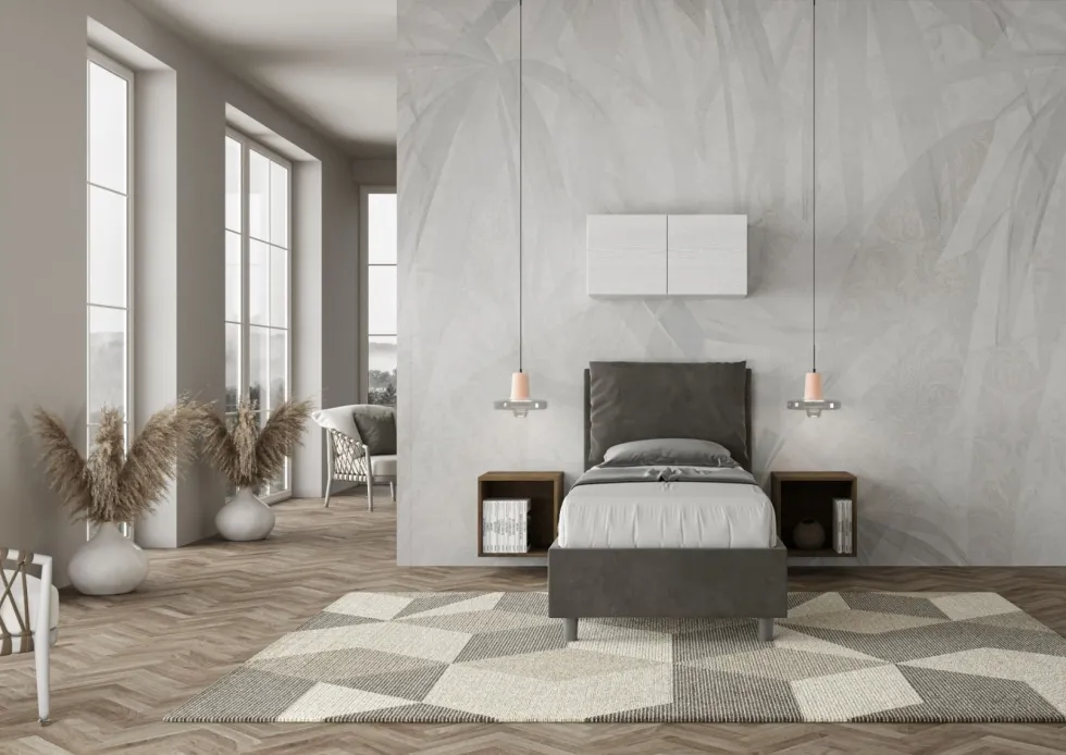 Letto 90x210cm a una piazza con cuscino imbottito in microfibra grigio LIT109
