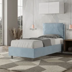 Letto 90x210cm a una piazza con cuscino imbottito in microfibra azzurro LIT109
