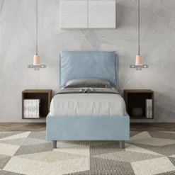 Letto 90x210cm a una piazza con cuscino imbottito in microfibra azzurro LIT109