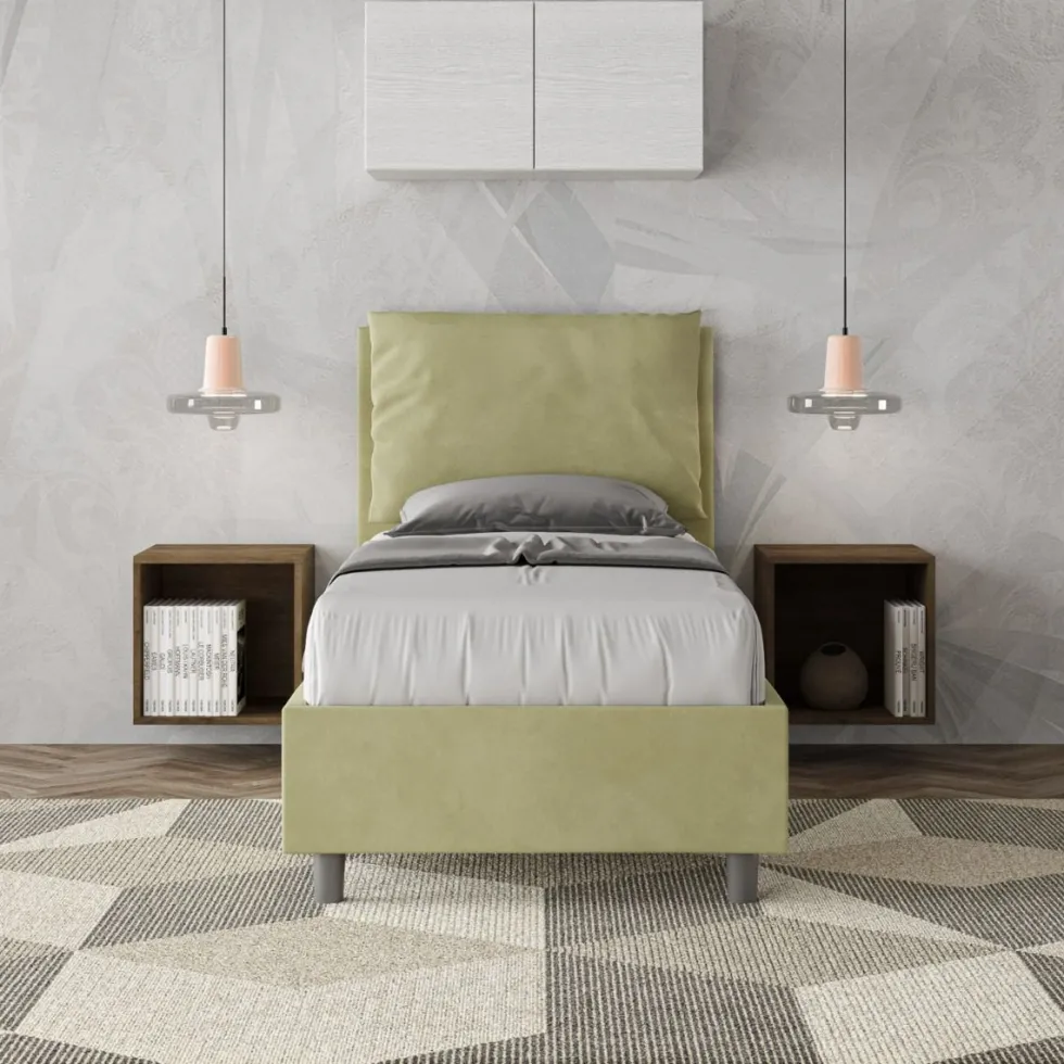Letto 90x210cm a una piazza con cuscino imbottito in microfibra tè verde LIT109